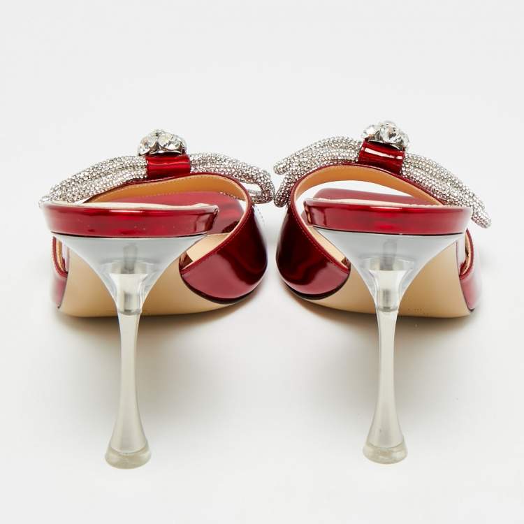 Pre Owned Mach & Mach Double Bow Crystal  Red Patent Leather Slide Sandals Size 40.5