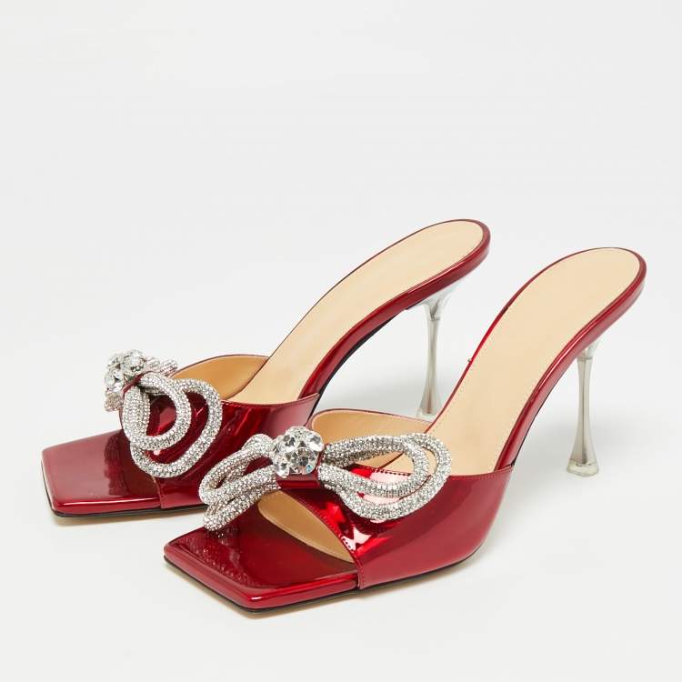 Pre Owned Mach & Mach Double Bow Crystal  Red Patent Leather Slide Sandals Size 40.5