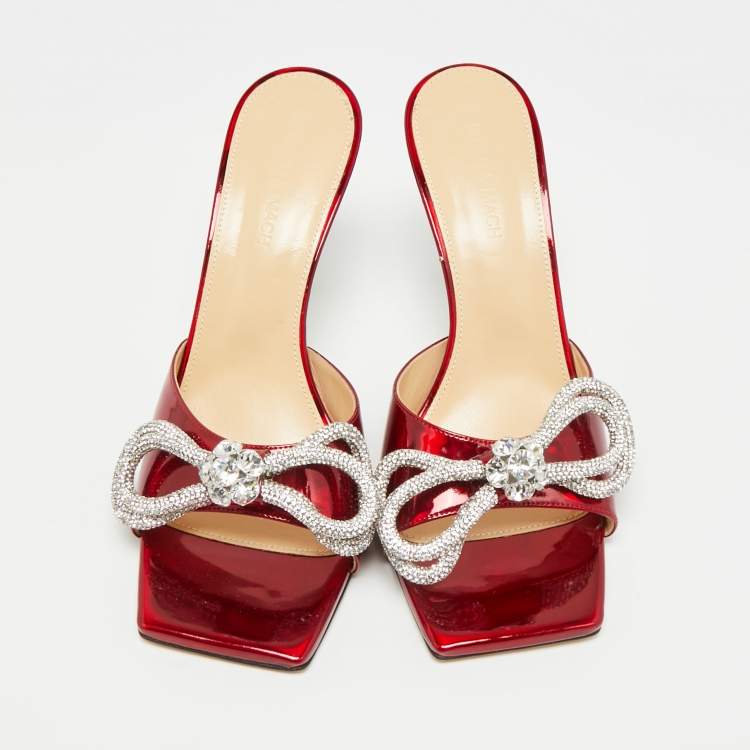 Pre Owned Mach & Mach Double Bow Crystal  Red Patent Leather Slide Sandals Size 40.5
