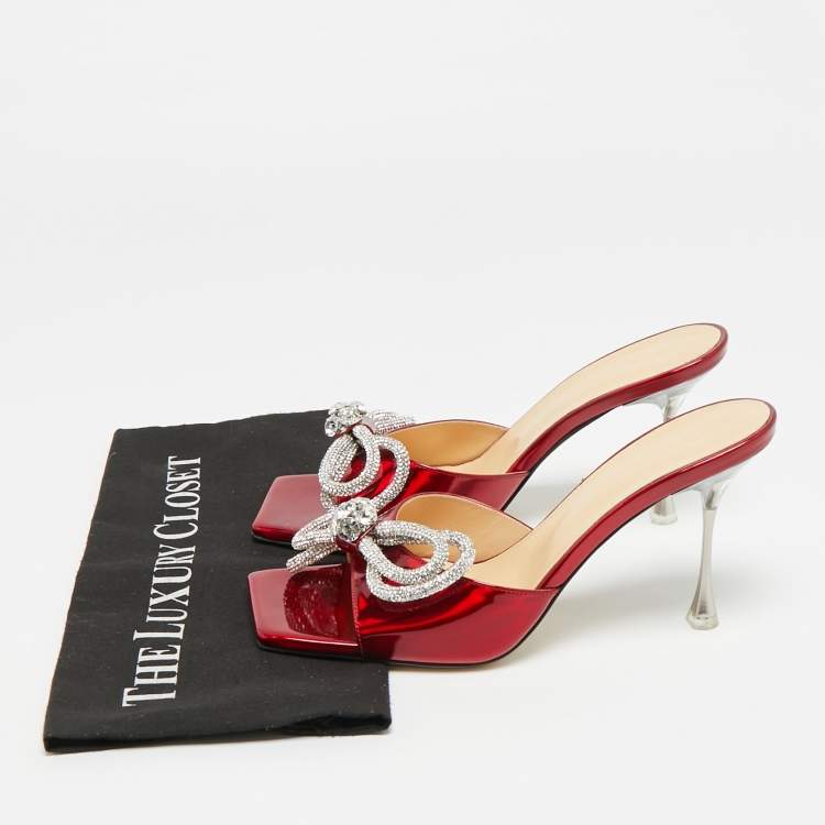 Pre Owned Mach & Mach Double Bow Crystal  Red Patent Leather Slide Sandals Size 40.5