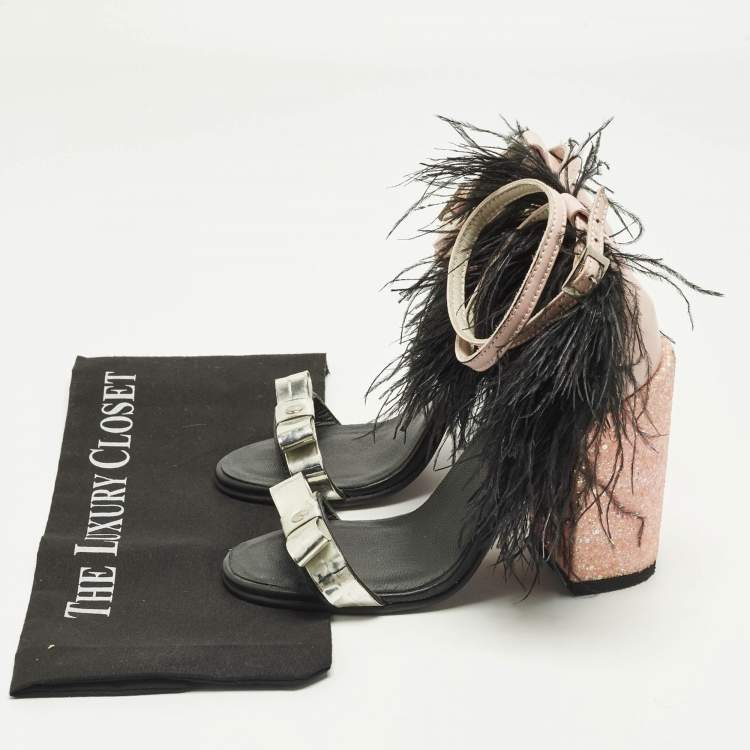 Pre Owned Mach & Mach Size 38 Leather and Patent Feather Embellished Ankle Strap Block Heel Sandals