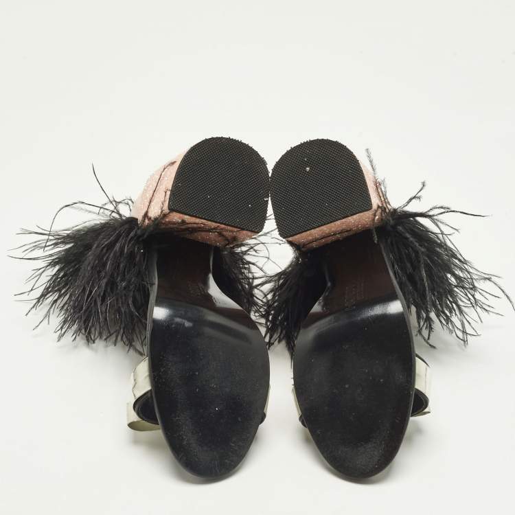 Pre Owned Mach & Mach Size 38 Leather and Patent Feather Embellished Ankle Strap Block Heel Sandals