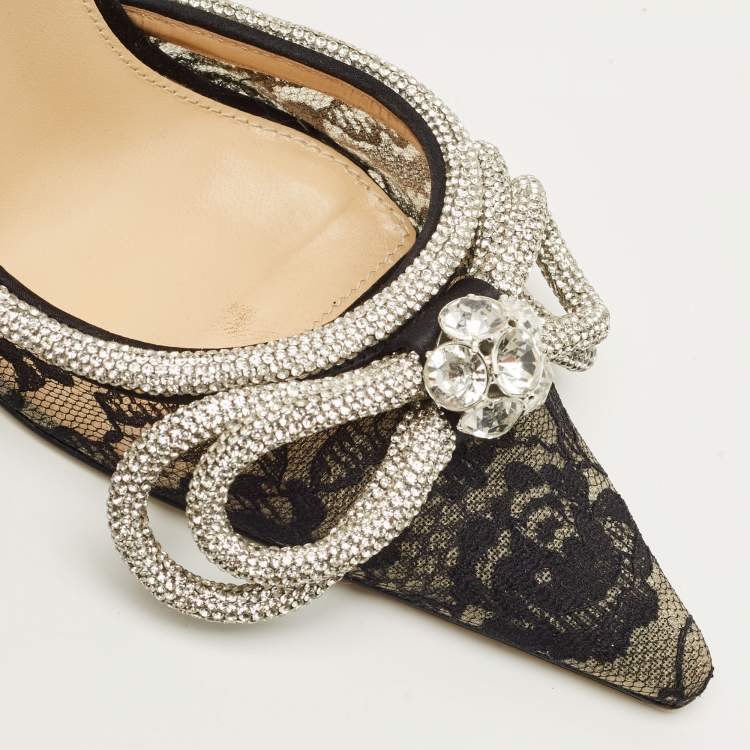 Pre Owned Mach & Mach Double Bow Size 38 Black Lace Crystal Embellished Ankle Wrap Pumps