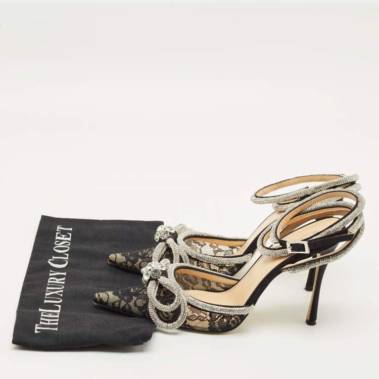 Pre Owned Mach & Mach Double Bow Size 38 Black Lace Crystal Embellished Ankle Wrap Pumps