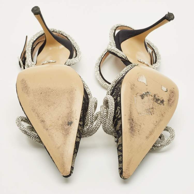 Pre Owned Mach & Mach Double Bow Size 38 Black Lace Crystal Embellished Ankle Wrap Pumps