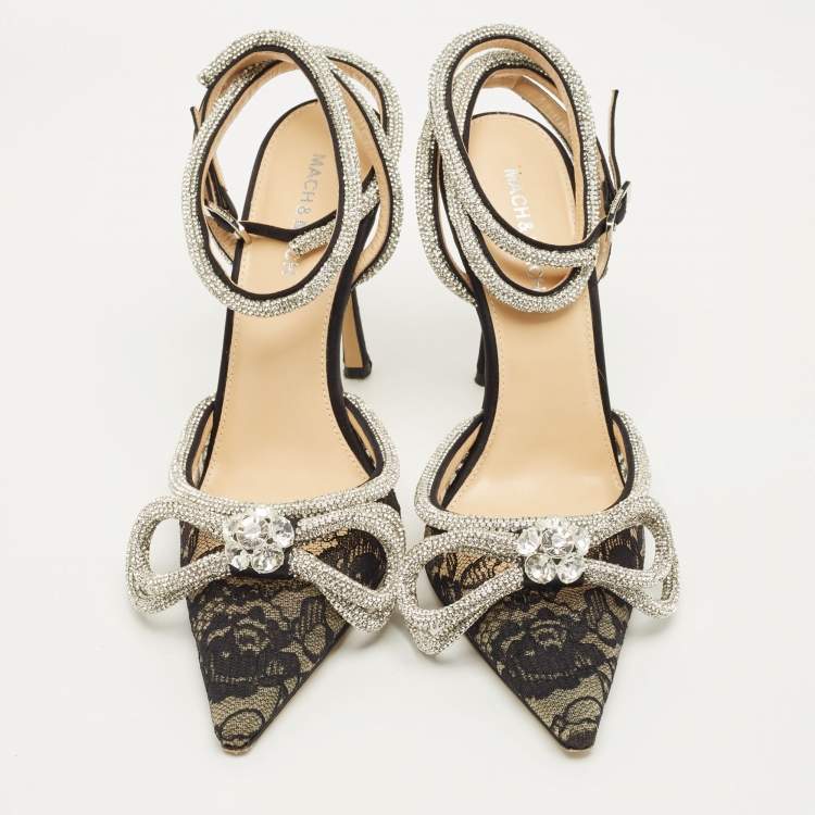 Pre Owned Mach & Mach Double Bow Size 38 Black Lace Crystal Embellished Ankle Wrap Pumps