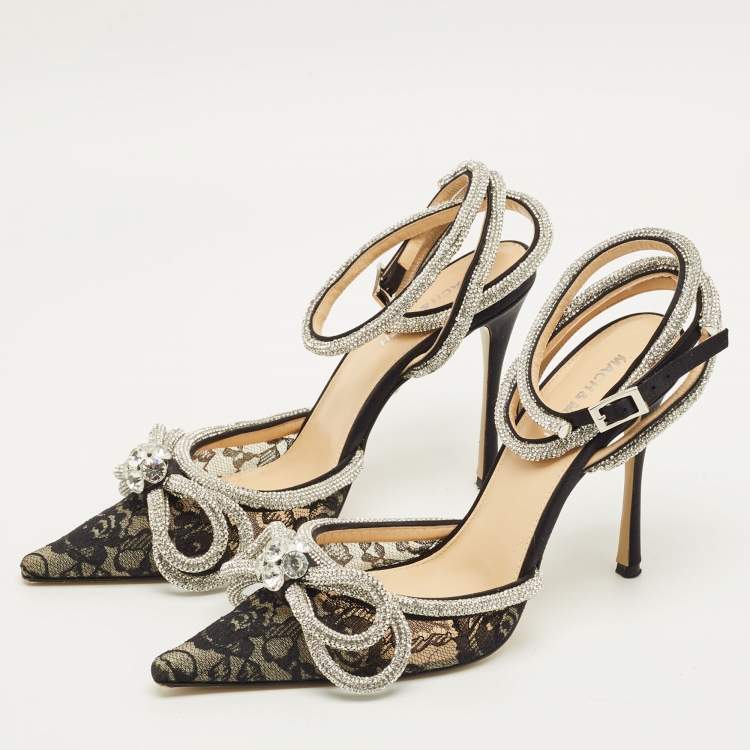 Pre Owned Mach & Mach Double Bow Size 38 Black Lace Crystal Embellished Ankle Wrap Pumps