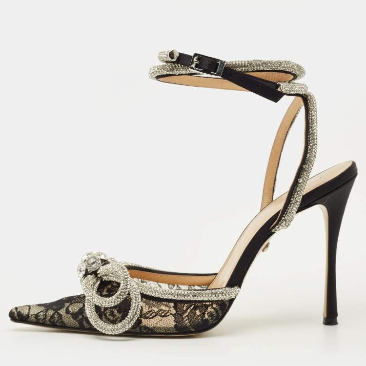 Pre Owned Mach & Mach Double Bow Size 38 Black Lace Crystal Embellished Ankle Wrap Pumps