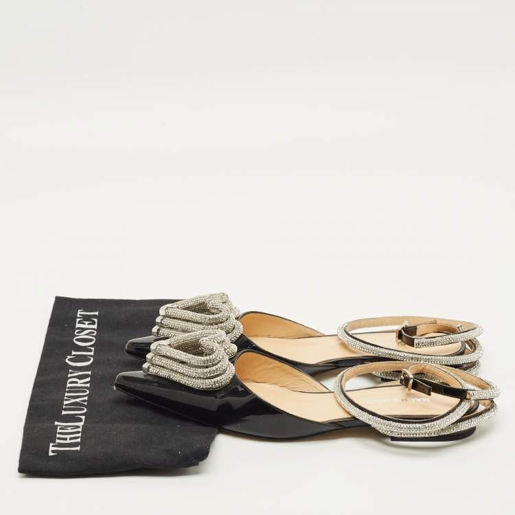 Pre Owned Mach & Mach Triple Heart Size 37 Black Patent Leather Crystal Embellished Ankle Wrap Flats