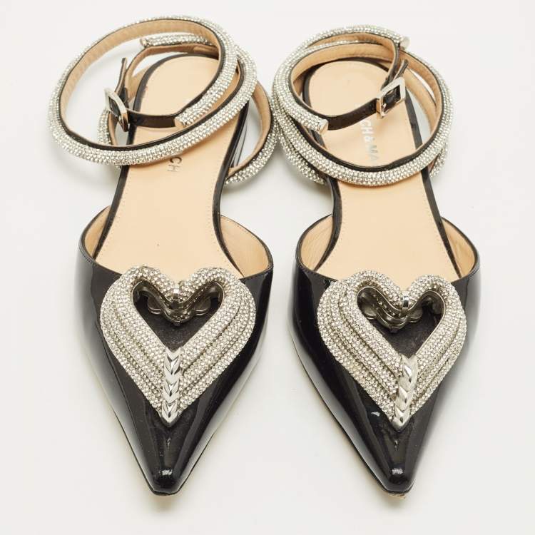 Pre Owned Mach & Mach Triple Heart Size 37 Black Patent Leather Crystal Embellished Ankle Wrap Flats