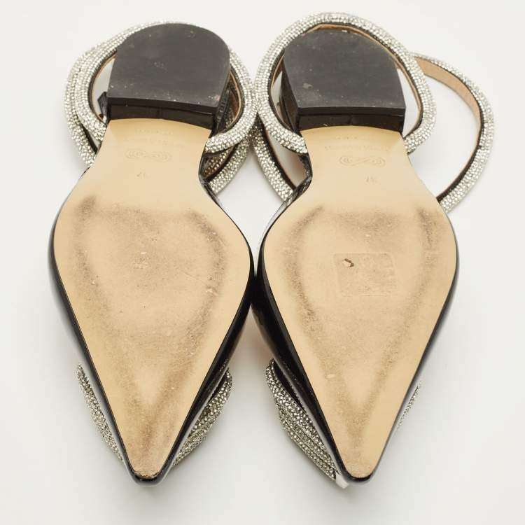 Pre Owned Mach & Mach Triple Heart Size 37 Black Patent Leather Crystal Embellished Ankle Wrap Flats