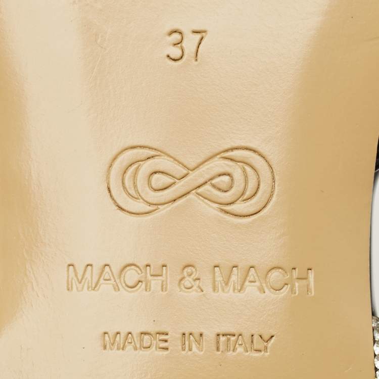 Pre Owned Mach & Mach Triple Heart Size 37 Black Patent Leather Crystal Embellished Ankle Wrap Flats