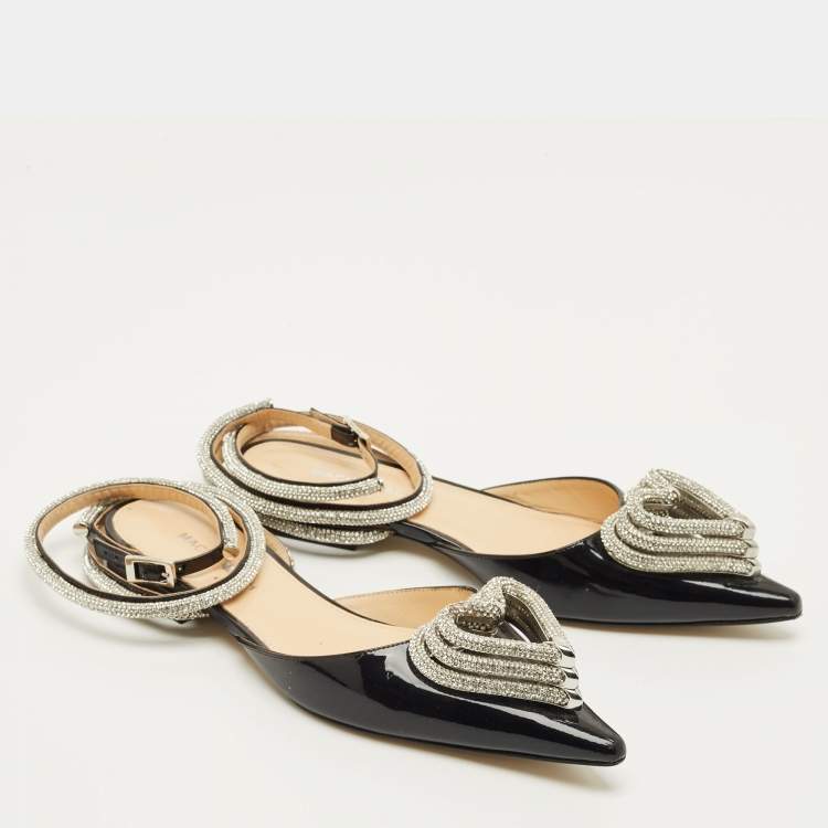 Pre Owned Mach & Mach Triple Heart Size 37 Black Patent Leather Crystal Embellished Ankle Wrap Flats