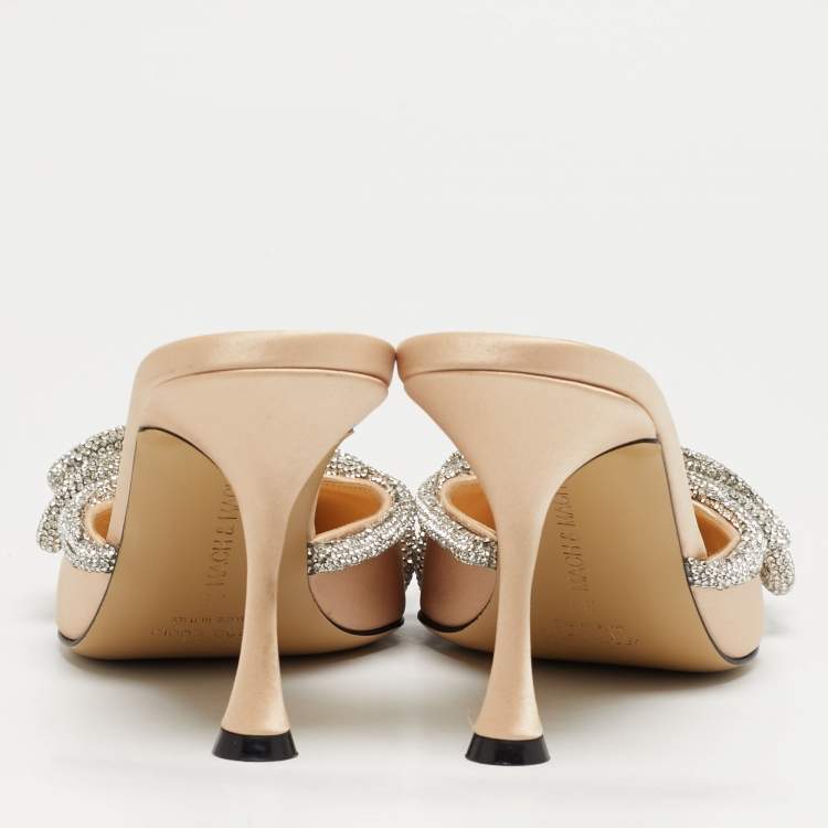 Pre Owned Mach & Mach Double Bow Size 39 Beige Satin Crystal Embellished Mules