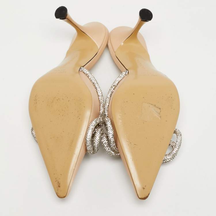 Pre Owned Mach & Mach Double Bow Size 39 Beige Satin Crystal Embellished Mules