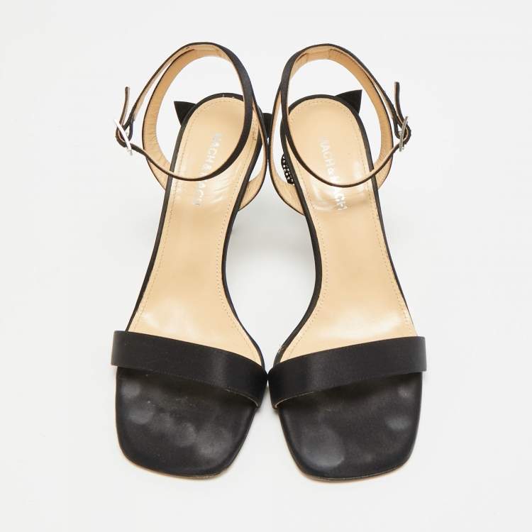 Pre Owned Mach & Mach Wonder Tulip Size 39 Black Satin Ankle Strap Sandals