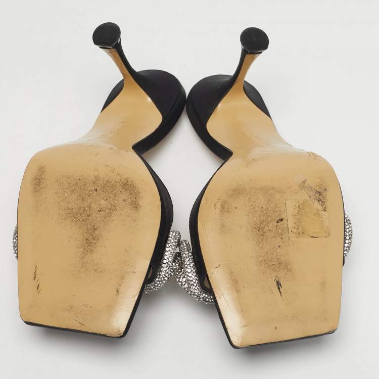 Pre Owned Mach & Mach Double Bow Size 37.5 Black Satin Slide Sandals