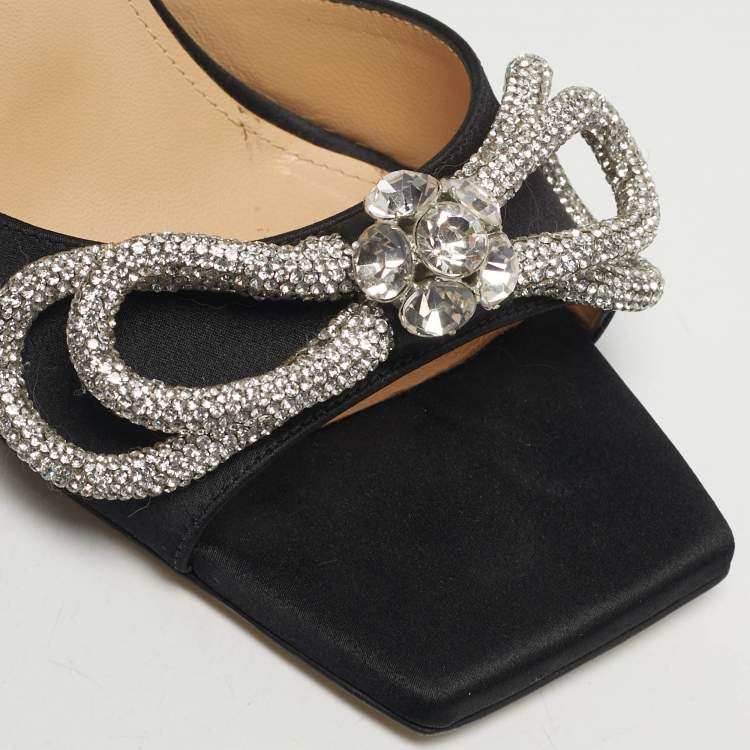 Pre Owned Mach & Mach Double Bow Size 37.5 Black Satin Slide Sandals