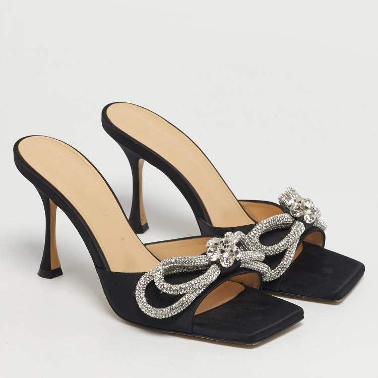 Pre Owned Mach & Mach Double Bow Size 37.5 Black Satin Slide Sandals