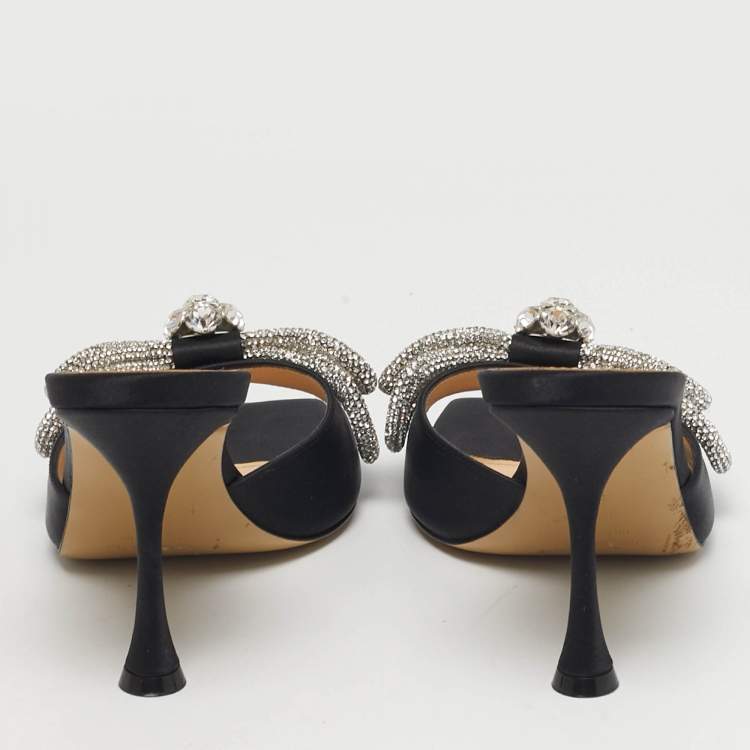 Pre Owned Mach & Mach Double Bow Size 37.5 Black Satin Slide Sandals