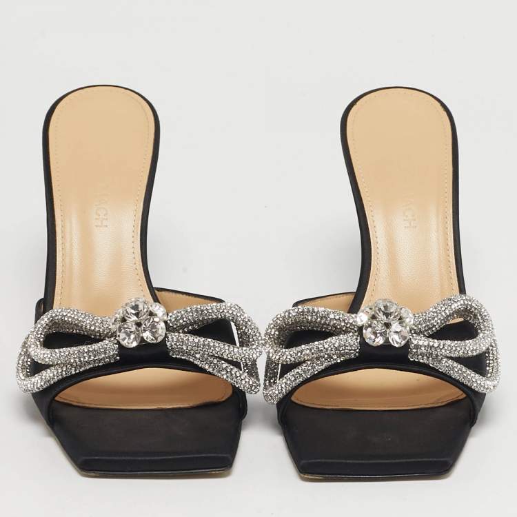 Pre Owned Mach & Mach Double Bow Size 37.5 Black Satin Slide Sandals
