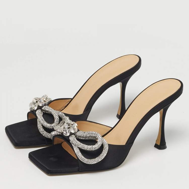 Pre Owned Mach & Mach Double Bow Size 37.5 Black Satin Slide Sandals