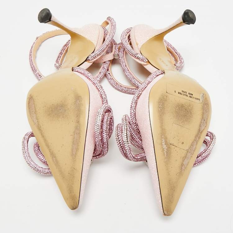 Pre Owned Mach & Mach Double Bow Size 38 Pink Glitter Ankle Strap Pumps