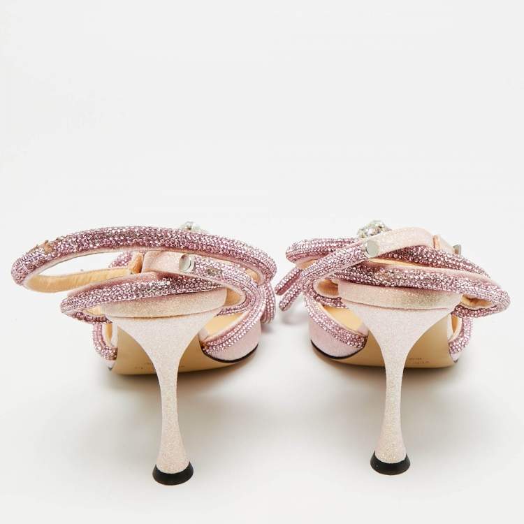 Pre Owned Mach & Mach Double Bow Size 38 Pink Glitter Ankle Strap Pumps