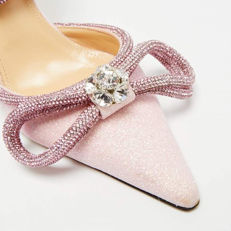 Pre Owned Mach & Mach Double Bow Size 38 Pink Glitter Ankle Strap Pumps