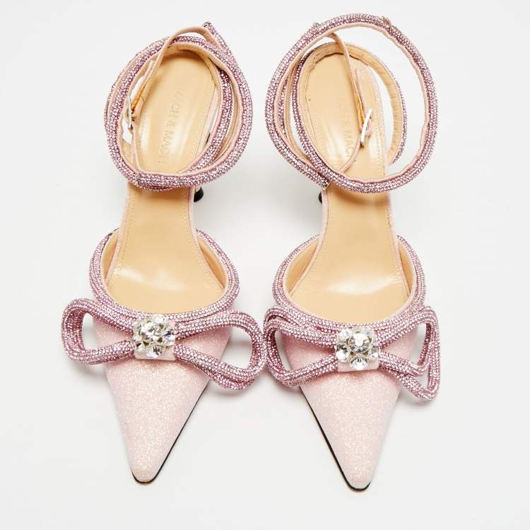 Pre Owned Mach & Mach Double Bow Size 38 Pink Glitter Ankle Strap Pumps