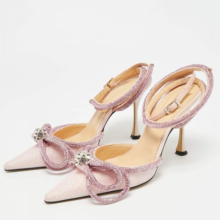Pre Owned Mach & Mach Double Bow Size 38 Pink Glitter Ankle Strap Pumps