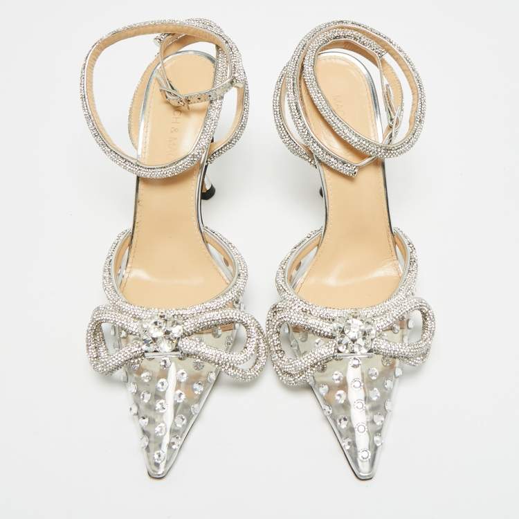 Pre Owned Mach & Mach Double Bow Size 37 Silver PVC Ankle Strap Pumps