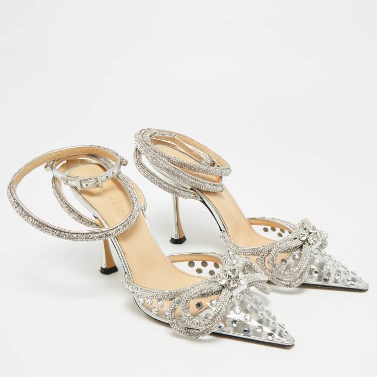 Pre Owned Mach & Mach Double Bow Size 37 Silver PVC Ankle Strap Pumps