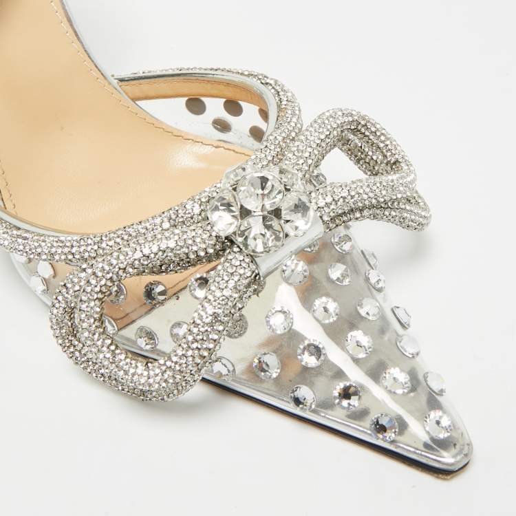 Pre Owned Mach & Mach Double Bow Size 37 Silver PVC Ankle Strap Pumps