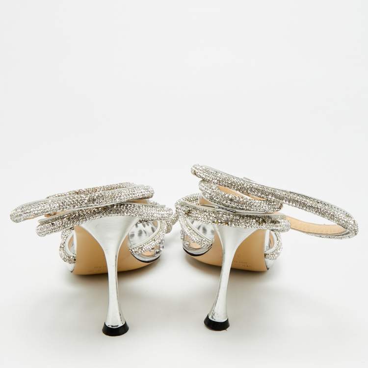 Pre Owned Mach & Mach Double Bow Size 37 Silver PVC Ankle Strap Pumps