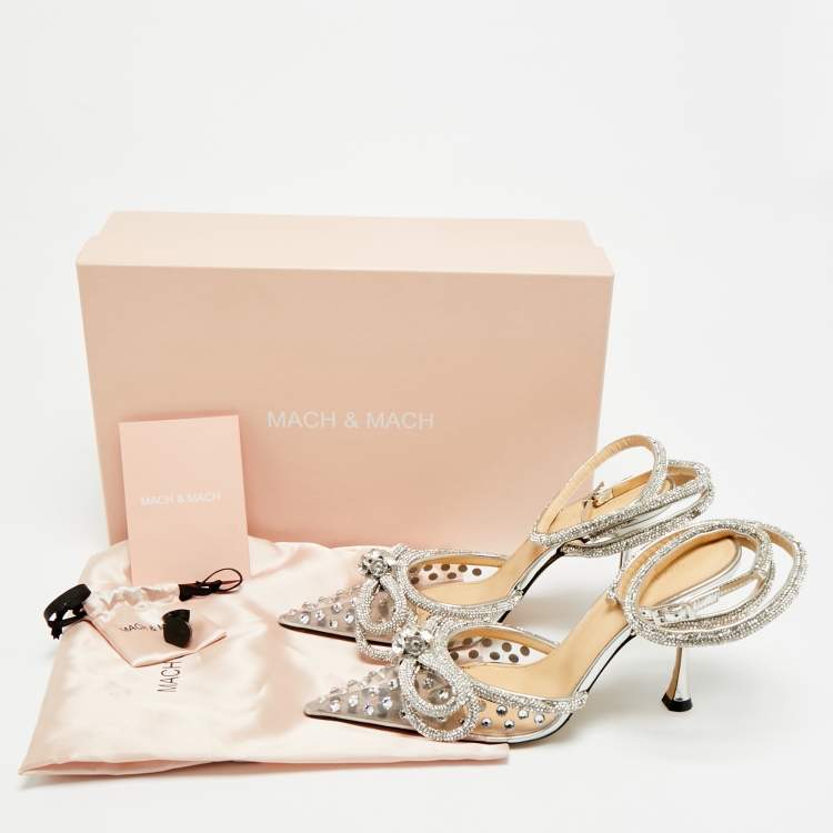 Pre Owned Mach & Mach Double Bow Size 37 Silver PVC Ankle Strap Pumps