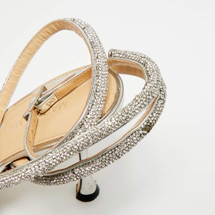 Pre Owned Mach & Mach Double Bow Size 37 Silver PVC Ankle Strap Pumps