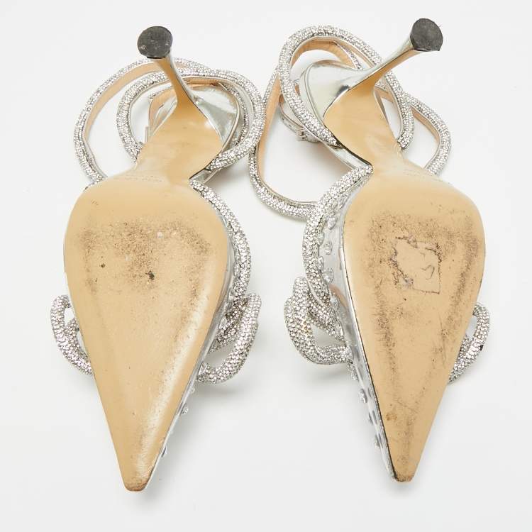 Pre Owned Mach & Mach Double Bow Size 37 Silver PVC Ankle Strap Pumps