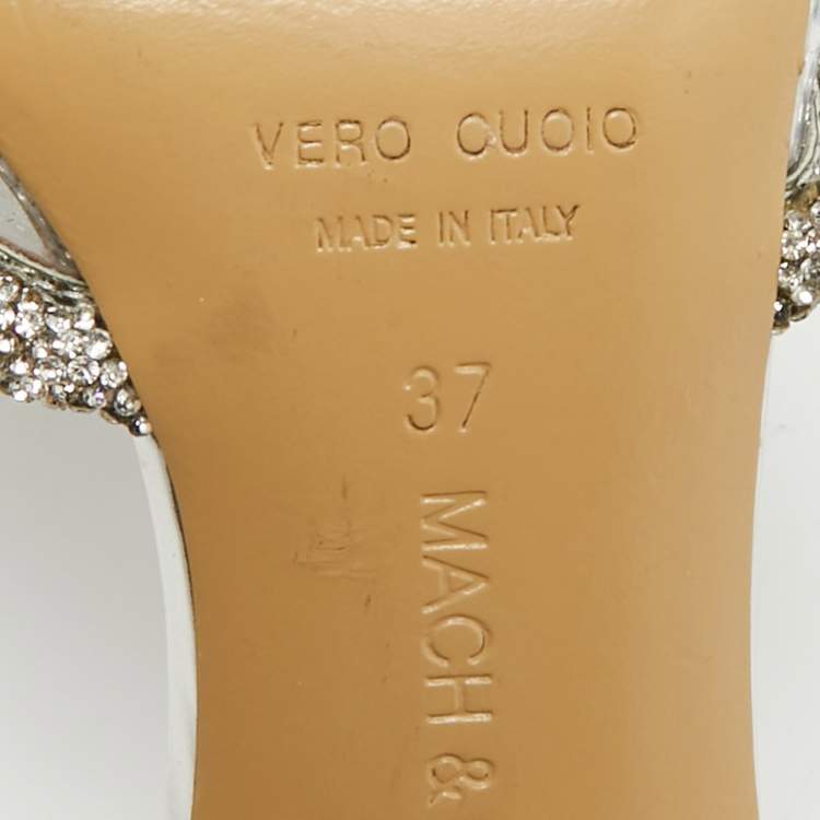 Pre Owned Mach & Mach Double Bow Size 37 Silver PVC Ankle Strap Pumps