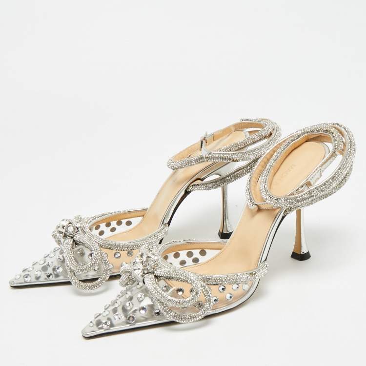 Pre Owned Mach & Mach Double Bow Size 37 Silver PVC Ankle Strap Pumps