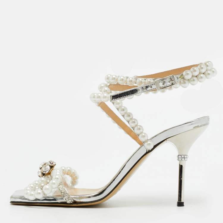 Pre Owned Mach & Mach Size 39 Silver Leather Crystals Faux Pearls Embellished Ankle Wrap Sandals