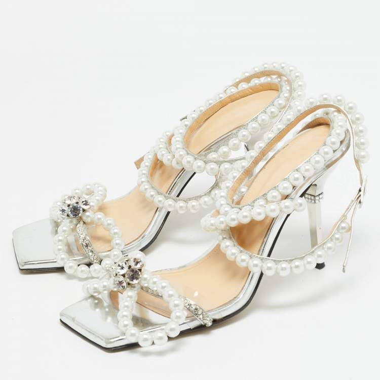 Pre Owned Mach & Mach Size 39 Silver Leather Crystals Faux Pearls Embellished Ankle Wrap Sandals