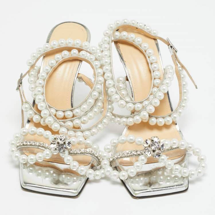 Pre Owned Mach & Mach Size 39 Silver Leather Crystals Faux Pearls Embellished Ankle Wrap Sandals