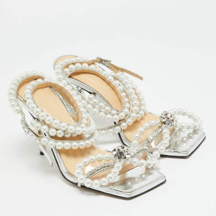 Pre Owned Mach & Mach Size 39 Silver Leather Crystals Faux Pearls Embellished Ankle Wrap Sandals