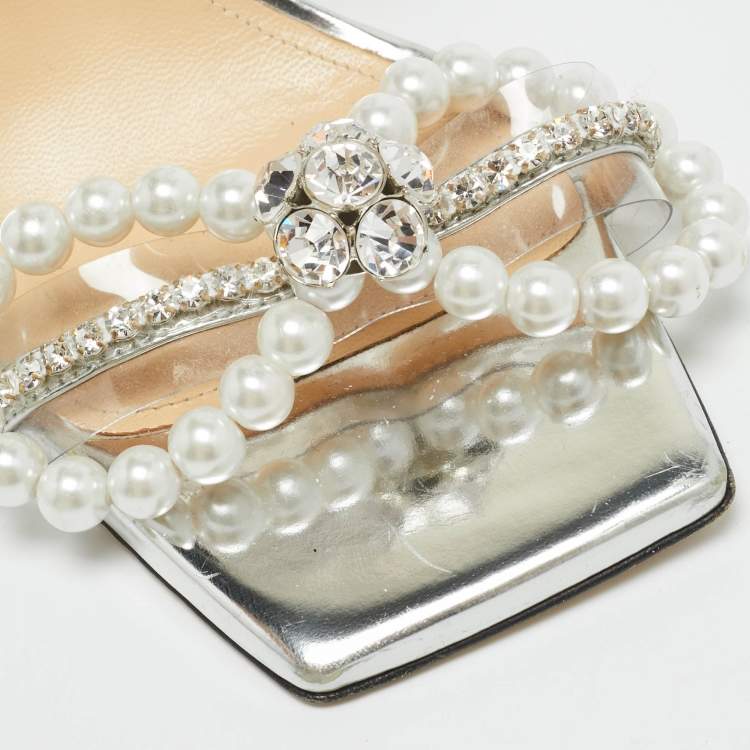 Pre Owned Mach & Mach Size 39 Silver Leather Crystals Faux Pearls Embellished Ankle Wrap Sandals