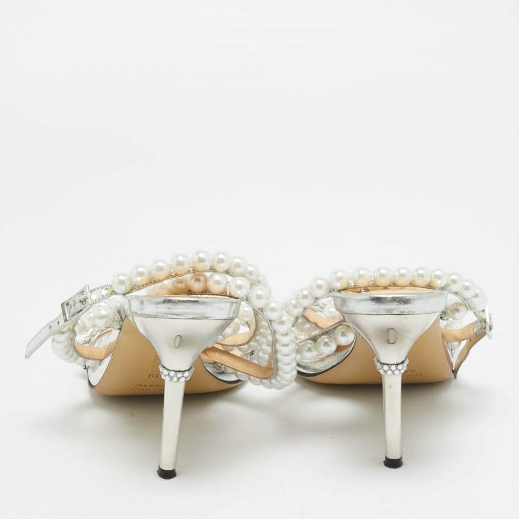 Pre Owned Mach & Mach Size 39 Silver Leather Crystals Faux Pearls Embellished Ankle Wrap Sandals