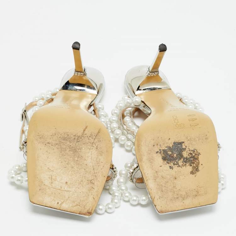 Pre Owned Mach & Mach Size 39 Silver Leather Crystals Faux Pearls Embellished Ankle Wrap Sandals