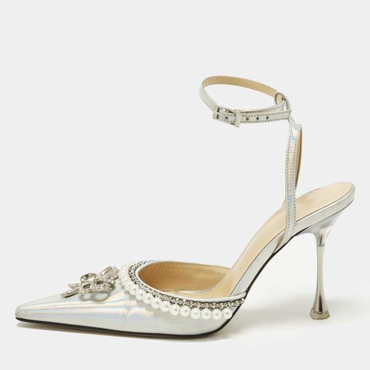 Pre Owned Mach & Mach Size 36 Iridescent Leather Bow Of Elizabeth Imitation Pearl Ankle Strap Pumps