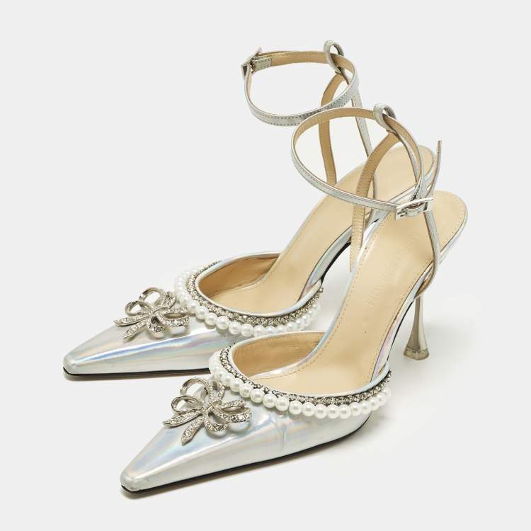 Pre Owned Mach & Mach Size 36 Iridescent Leather Bow Of Elizabeth Imitation Pearl Ankle Strap Pumps