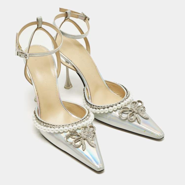 Pre Owned Mach & Mach Size 36 Iridescent Leather Bow Of Elizabeth Imitation Pearl Ankle Strap Pumps